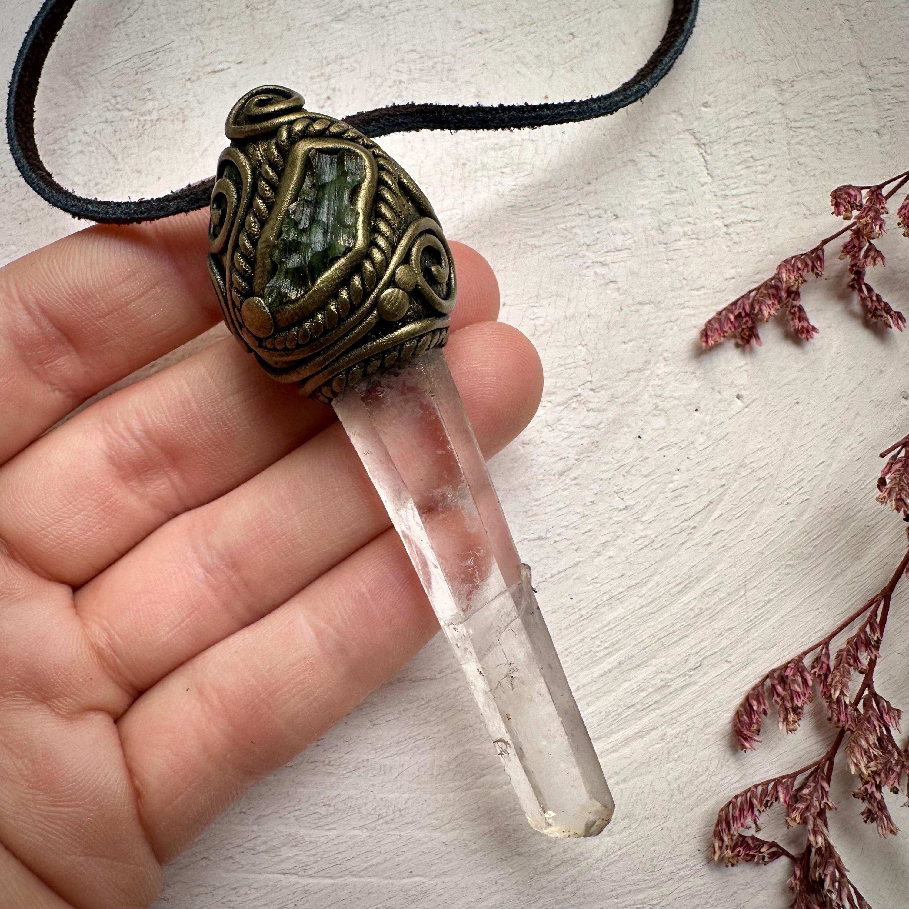 Lemurian Seed Quartz and Moldavite Pendant - FairyGardenGlow