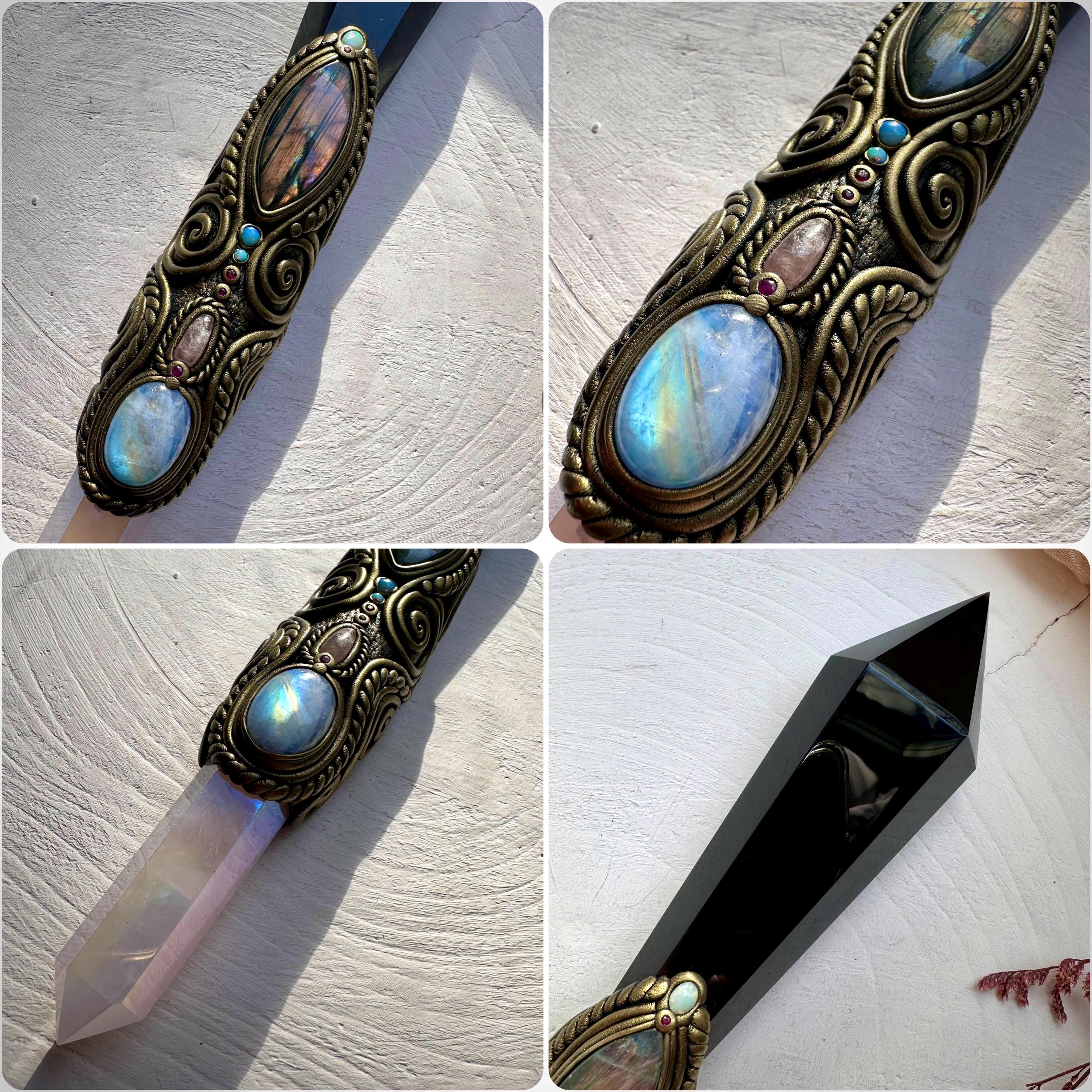 XL Black Obsidian Wand , Angel Aura Rose Quartz Labradorite Rainbow Moonstone Australian Opal Morganite Ruby Wand - FairyGardenGlow