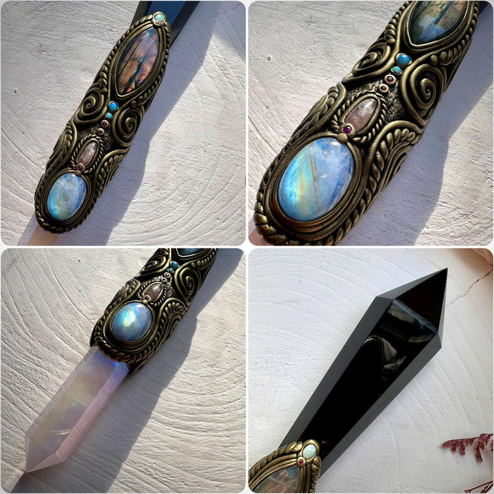 XL Black Obsidian Wand , Angel Aura Rose Quartz Labradorite Rainbow Moonstone Australian Opal Morganite Ruby Wand - FairyGardenGlow
