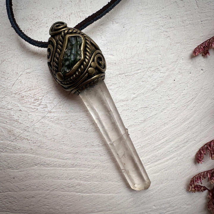 Lemurian Seed Quartz and Moldavite Pendant - FairyGardenGlow