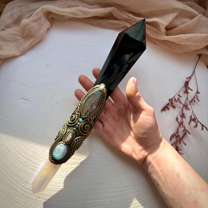 XL Black Obsidian Wand , Angel Aura Rose Quartz Labradorite Rainbow Moonstone Australian Opal Morganite Ruby Wand - FairyGardenGlow