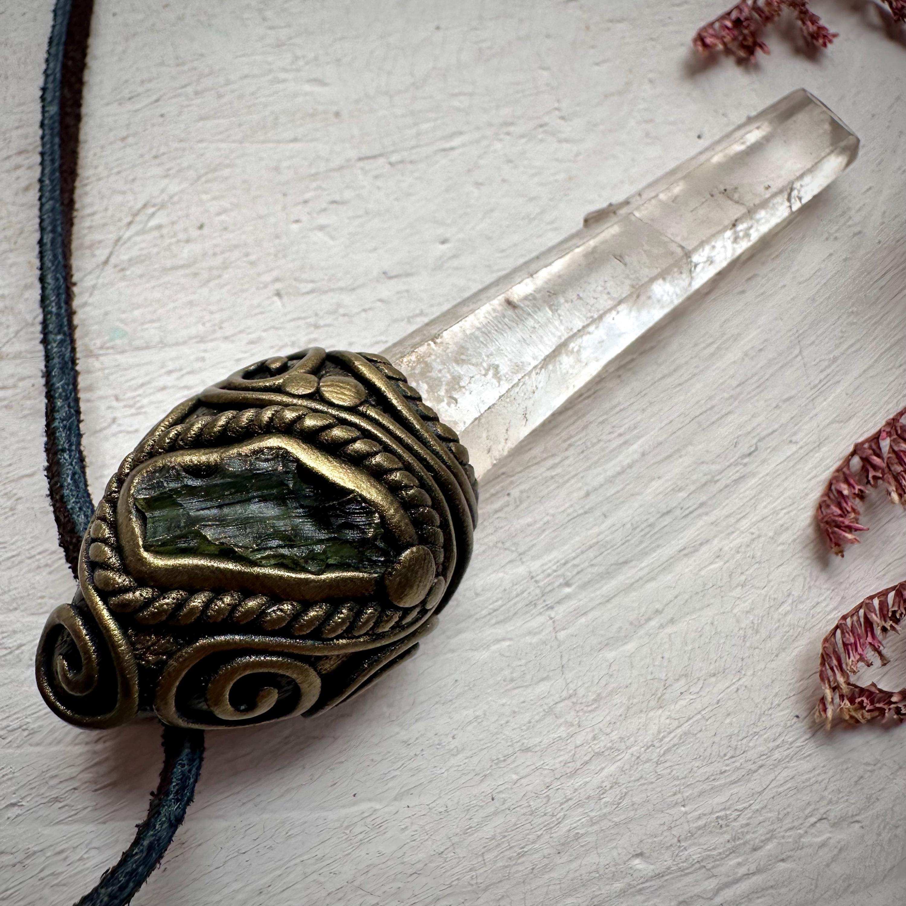 Lemurian Seed Quartz and Moldavite Pendant - FairyGardenGlow