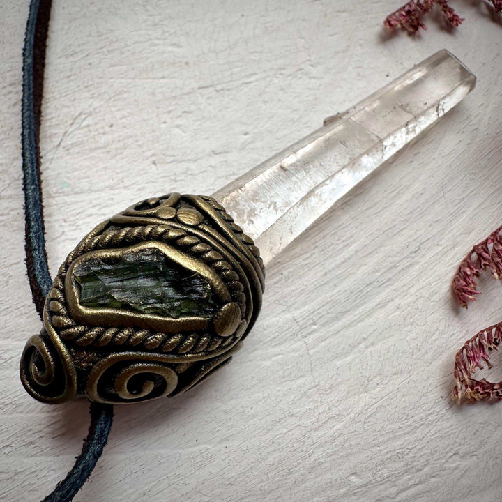 Lemurian Seed Quartz and Moldavite Pendant - FairyGardenGlow
