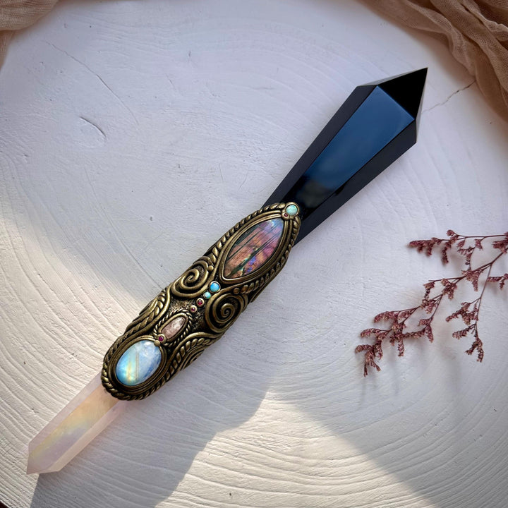 XL Black Obsidian Wand , Angel Aura Rose Quartz Labradorite Rainbow Moonstone Australian Opal Morganite Ruby Wand - FairyGardenGlow