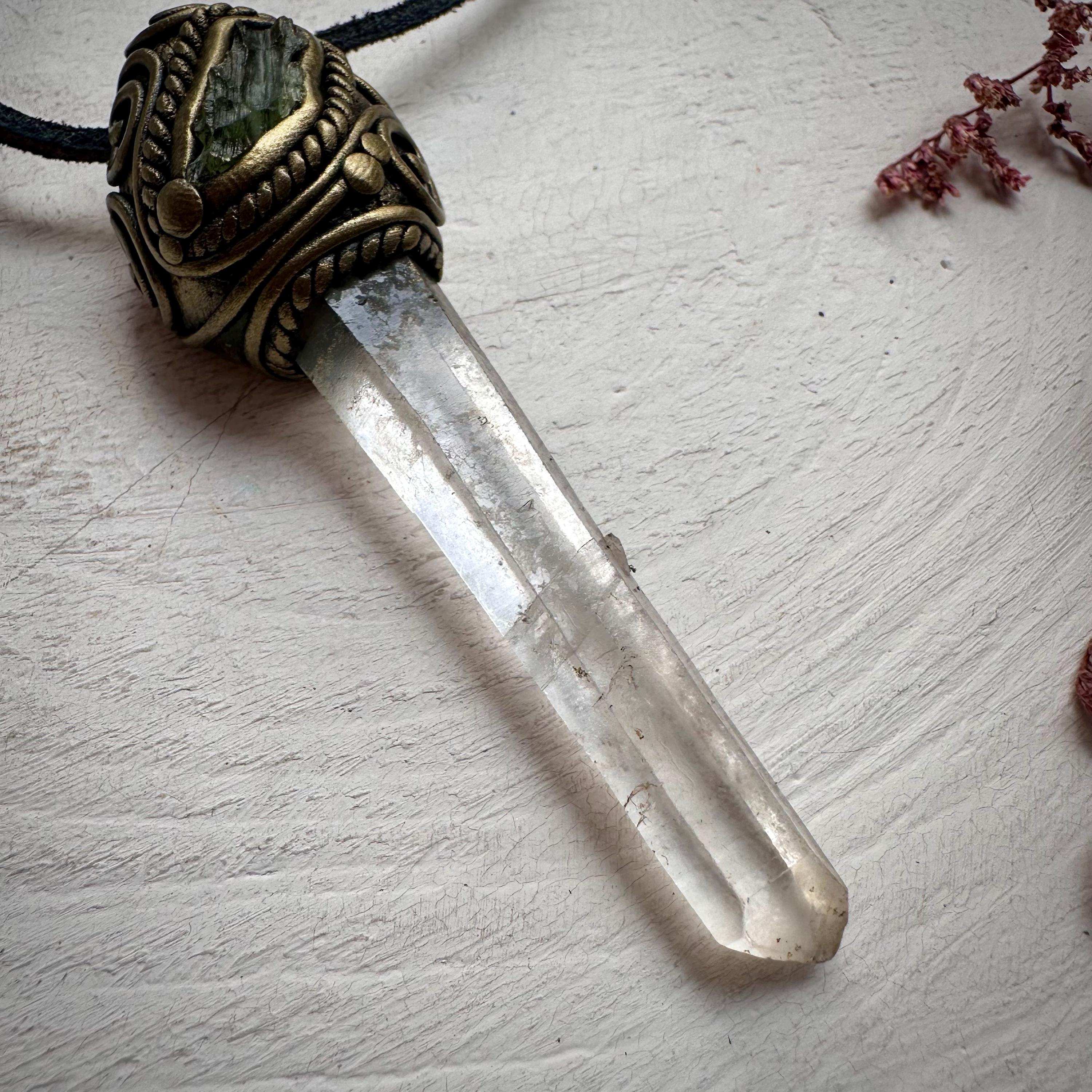 Lemurian Seed Quartz and Moldavite Pendant - FairyGardenGlow