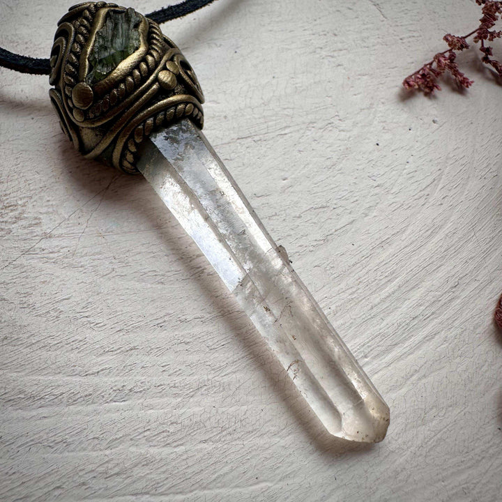 Lemurian Seed Quartz and Moldavite Pendant - FairyGardenGlow