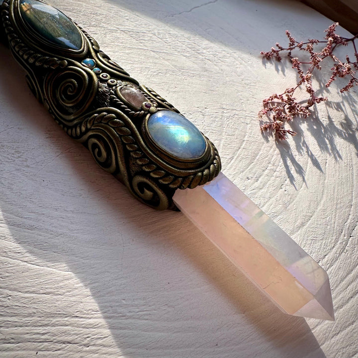 XL Black Obsidian Wand , Angel Aura Rose Quartz Labradorite Rainbow Moonstone Australian Opal Morganite Ruby Wand - FairyGardenGlow