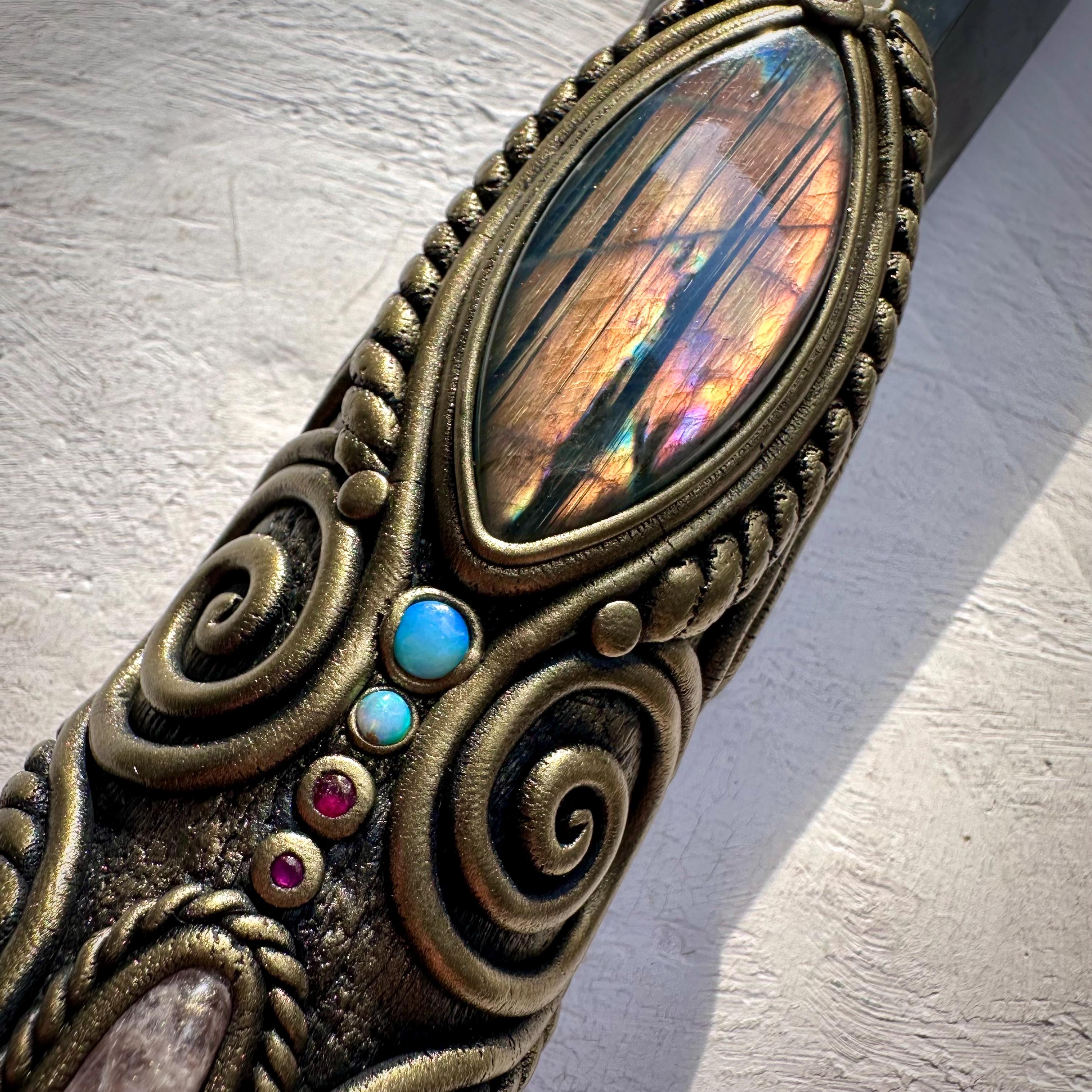 XL Black Obsidian Wand , Angel Aura Rose Quartz Labradorite Rainbow Moonstone Australian Opal Morganite Ruby Wand - FairyGardenGlow