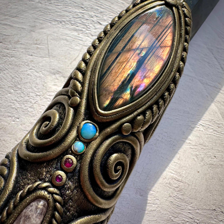 XL Black Obsidian Wand , Angel Aura Rose Quartz Labradorite Rainbow Moonstone Australian Opal Morganite Ruby Wand - FairyGardenGlow