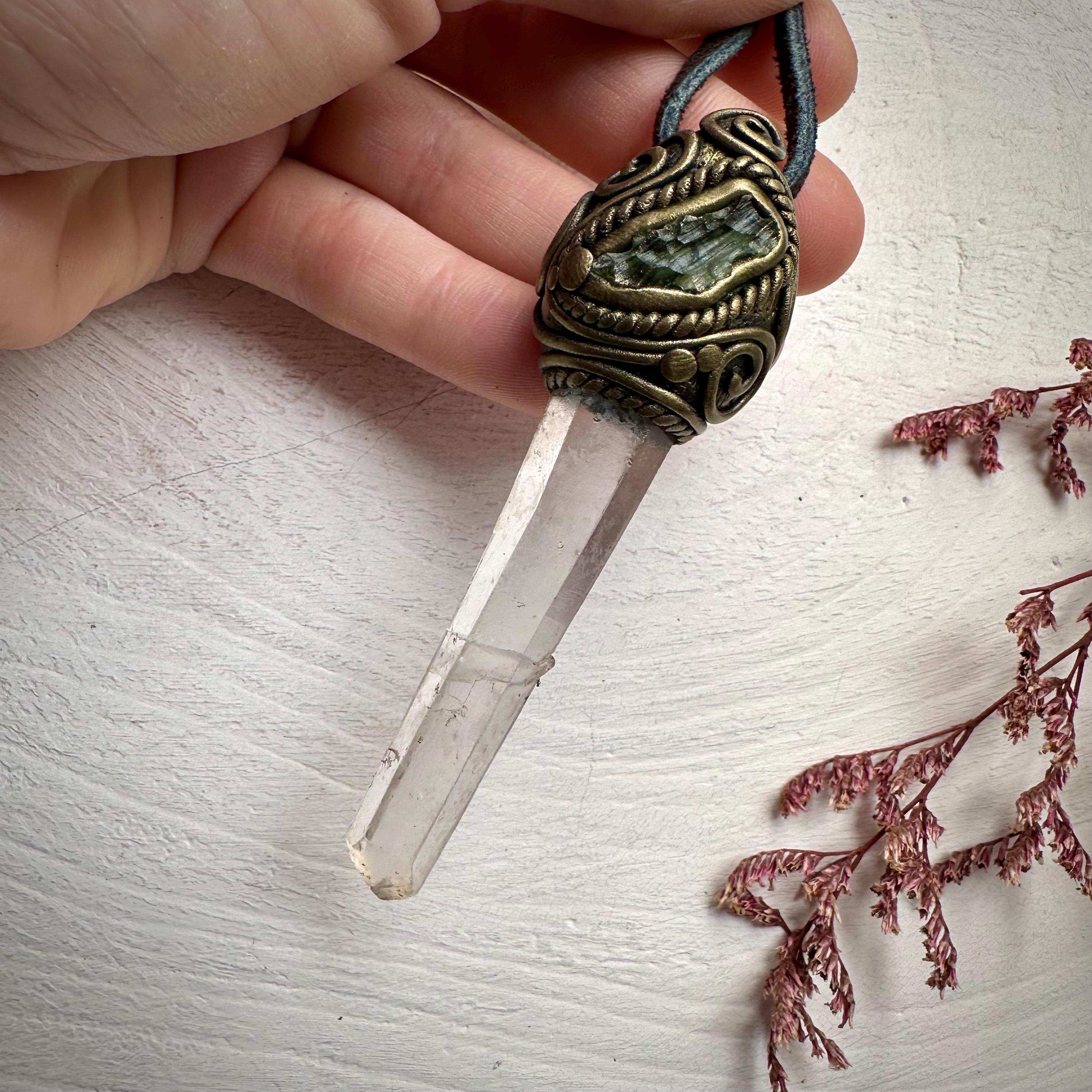 Lemurian Seed Quartz and Moldavite Pendant - FairyGardenGlow