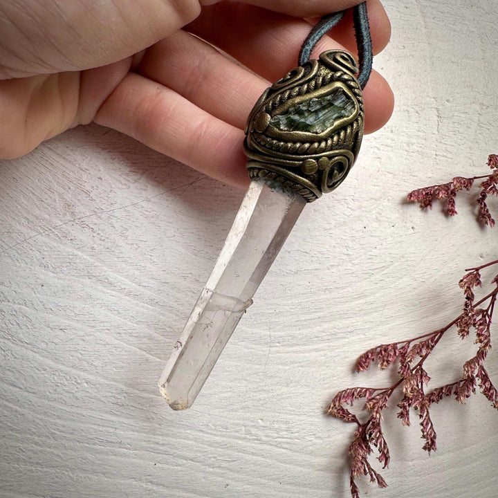 Lemurian Seed Quartz and Moldavite Pendant - FairyGardenGlow