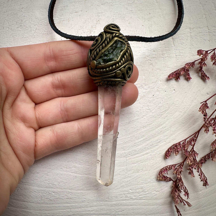 Lemurian Seed Quartz and Moldavite Pendant - FairyGardenGlow