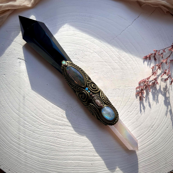 XL Black Obsidian Wand , Angel Aura Rose Quartz Labradorite Rainbow Moonstone Australian Opal Morganite Ruby Wand - FairyGardenGlow