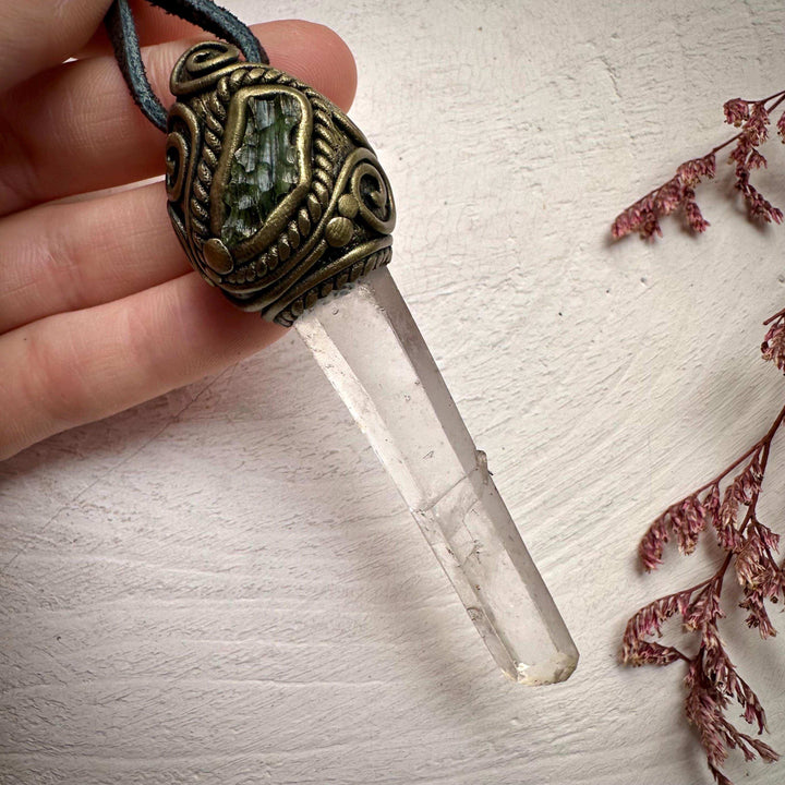 Lemurian Seed Quartz and Moldavite Pendant - FairyGardenGlow