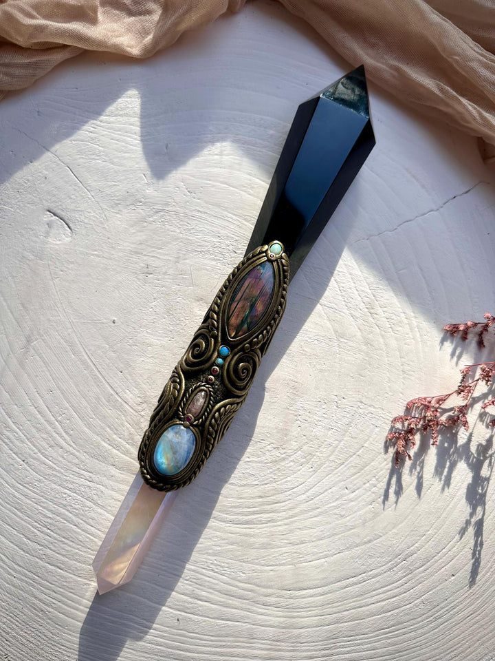 XL Black Obsidian Wand , Angel Aura Rose Quartz Labradorite Rainbow Moonstone Australian Opal Morganite Ruby Wand - FairyGardenGlow