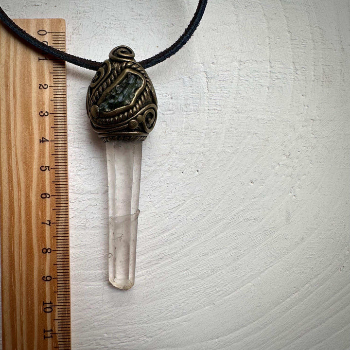 Lemurian Seed Quartz and Moldavite Pendant - FairyGardenGlow