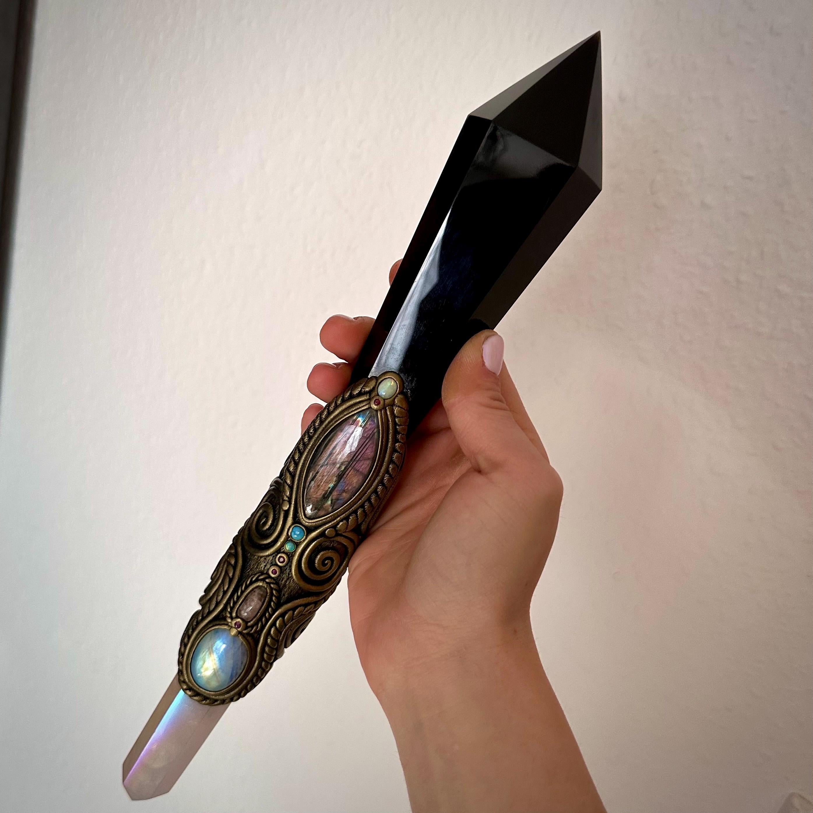 XL Black Obsidian Wand , Angel Aura Rose Quartz Labradorite Rainbow Moonstone Australian Opal Morganite Ruby Wand - FairyGardenGlow