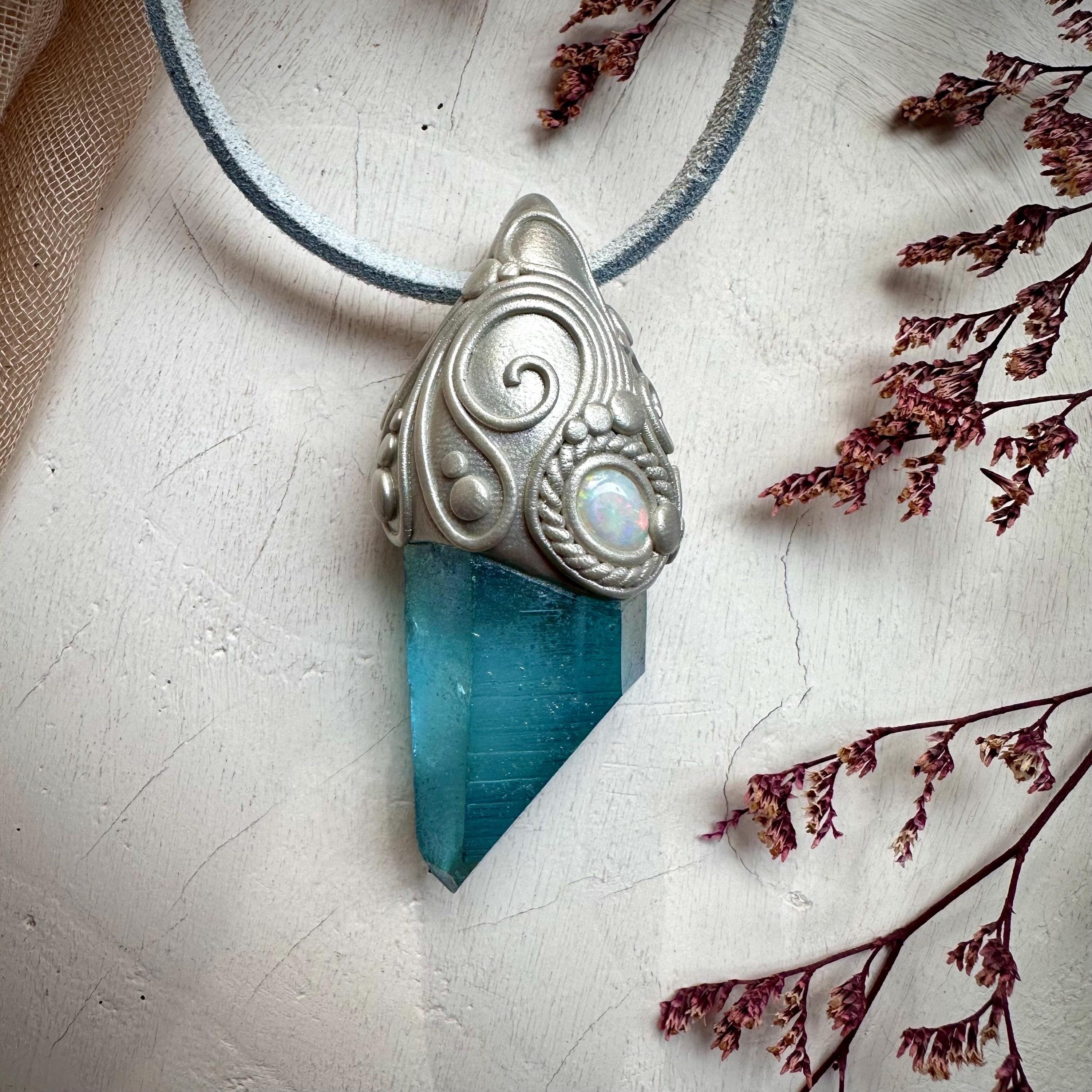 Aqua Aura Quartz and Australian Opal Pendant Necklace - FairyGardenGlow