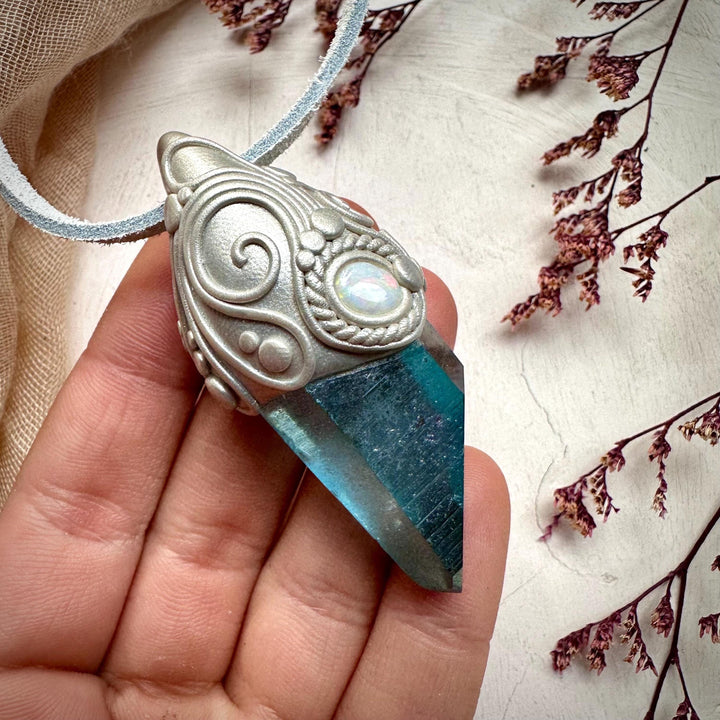 Aqua Aura Quartz and Australian Opal Pendant Necklace - FairyGardenGlow