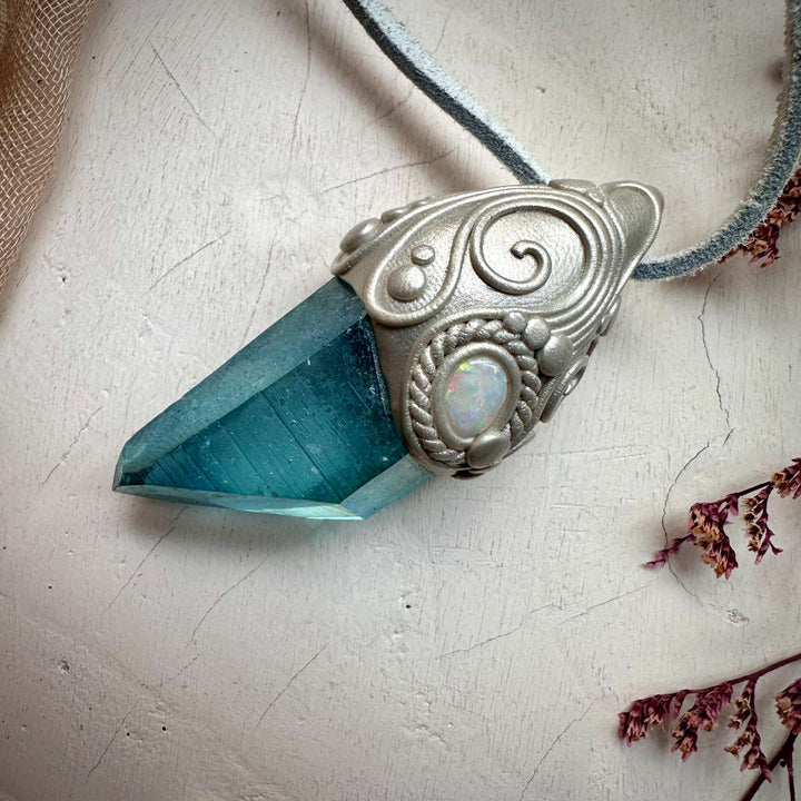 Aqua Aura Quartz and Australian Opal Pendant Necklace - FairyGardenGlow