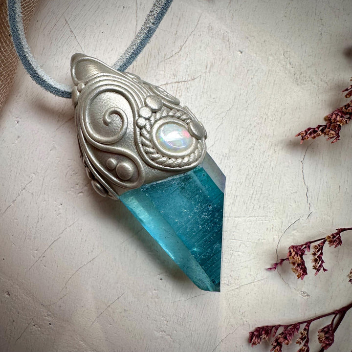 Aqua Aura Quartz and Australian Opal Pendant Necklace - FairyGardenGlow