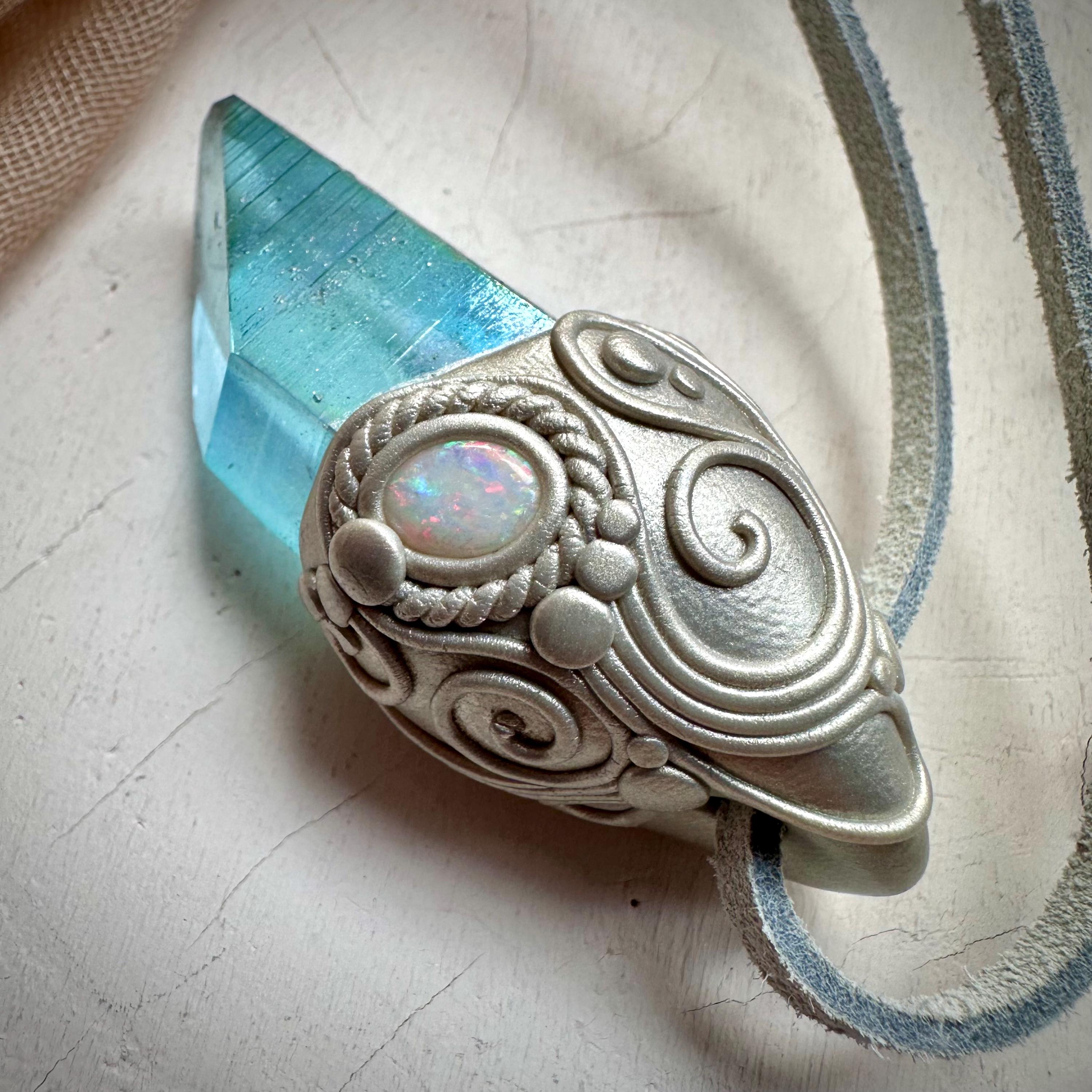 Aqua Aura Quartz and Australian Opal Pendant Necklace - FairyGardenGlow