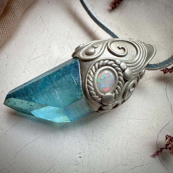 Aqua Aura Quartz and Australian Opal Pendant Necklace - FairyGardenGlow