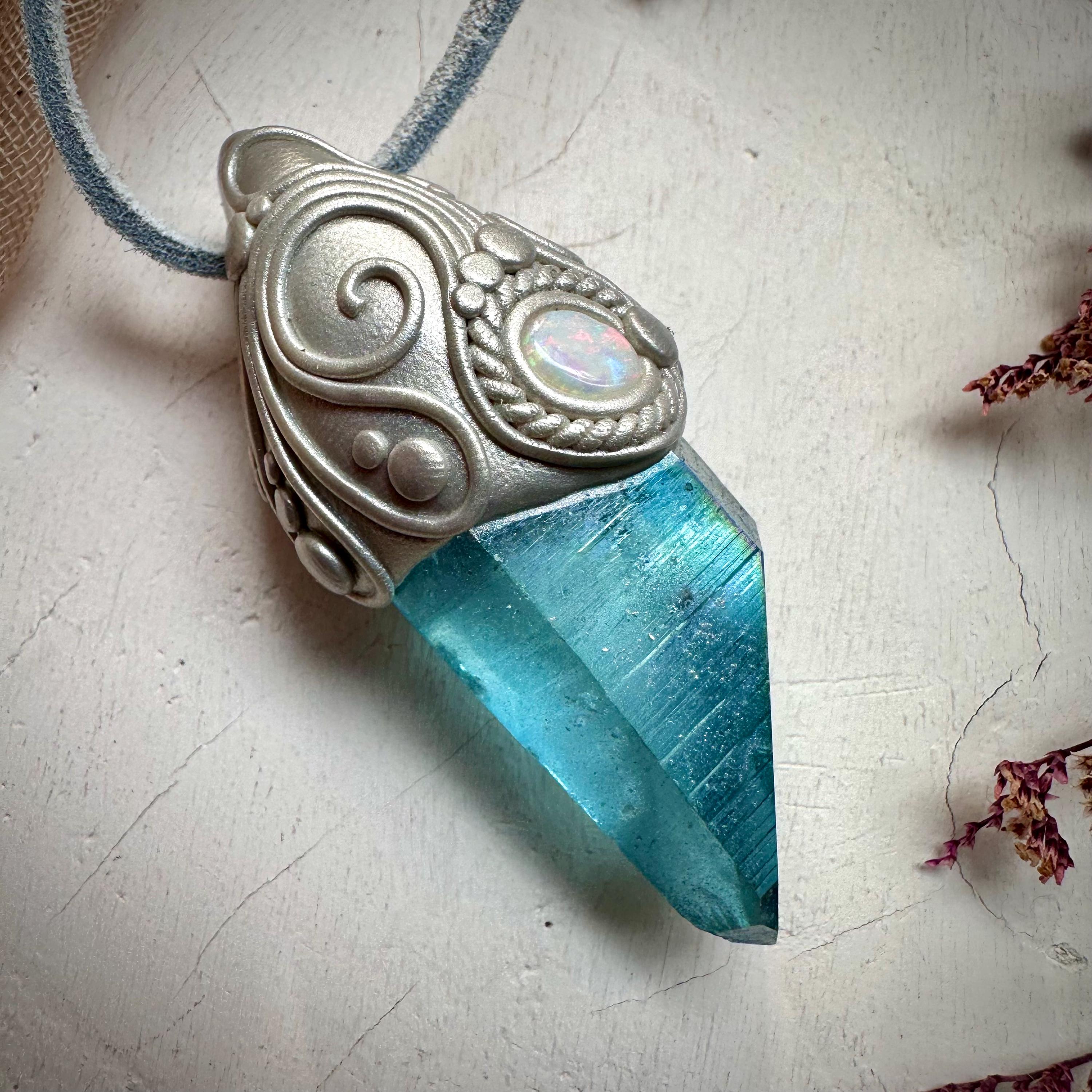 Aqua Aura Quartz and Australian Opal Pendant Necklace - FairyGardenGlow