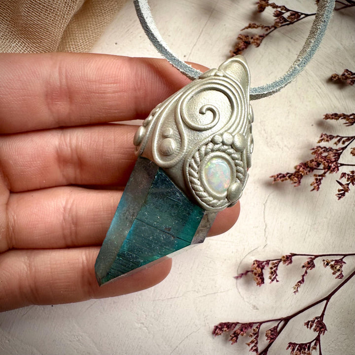 Aqua Aura Quartz and Australian Opal Pendant Necklace - FairyGardenGlow