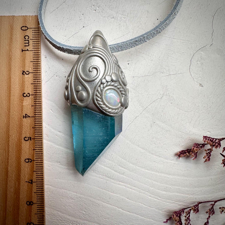 Aqua Aura Quartz and Australian Opal Pendant Necklace - FairyGardenGlow
