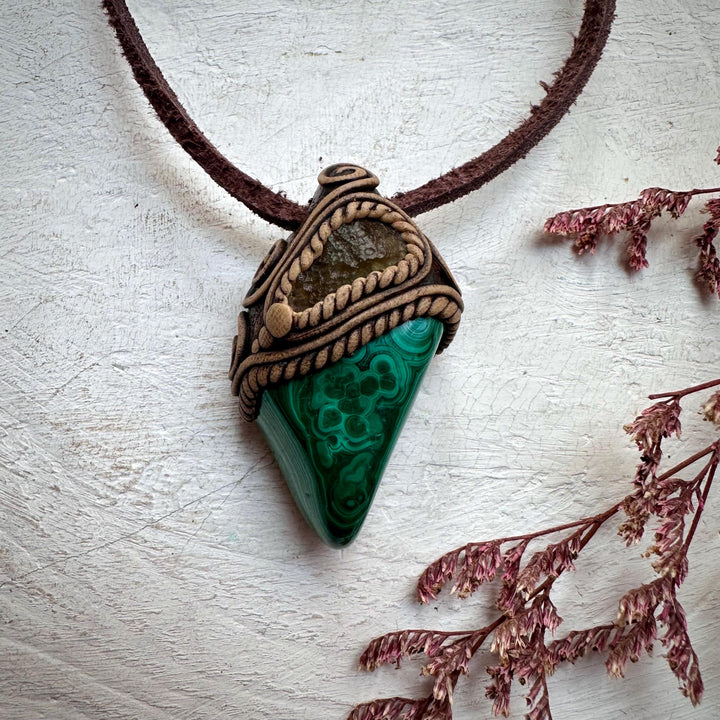 Malachite and Moldavite Pendant Necklace - FairyGardenGlow