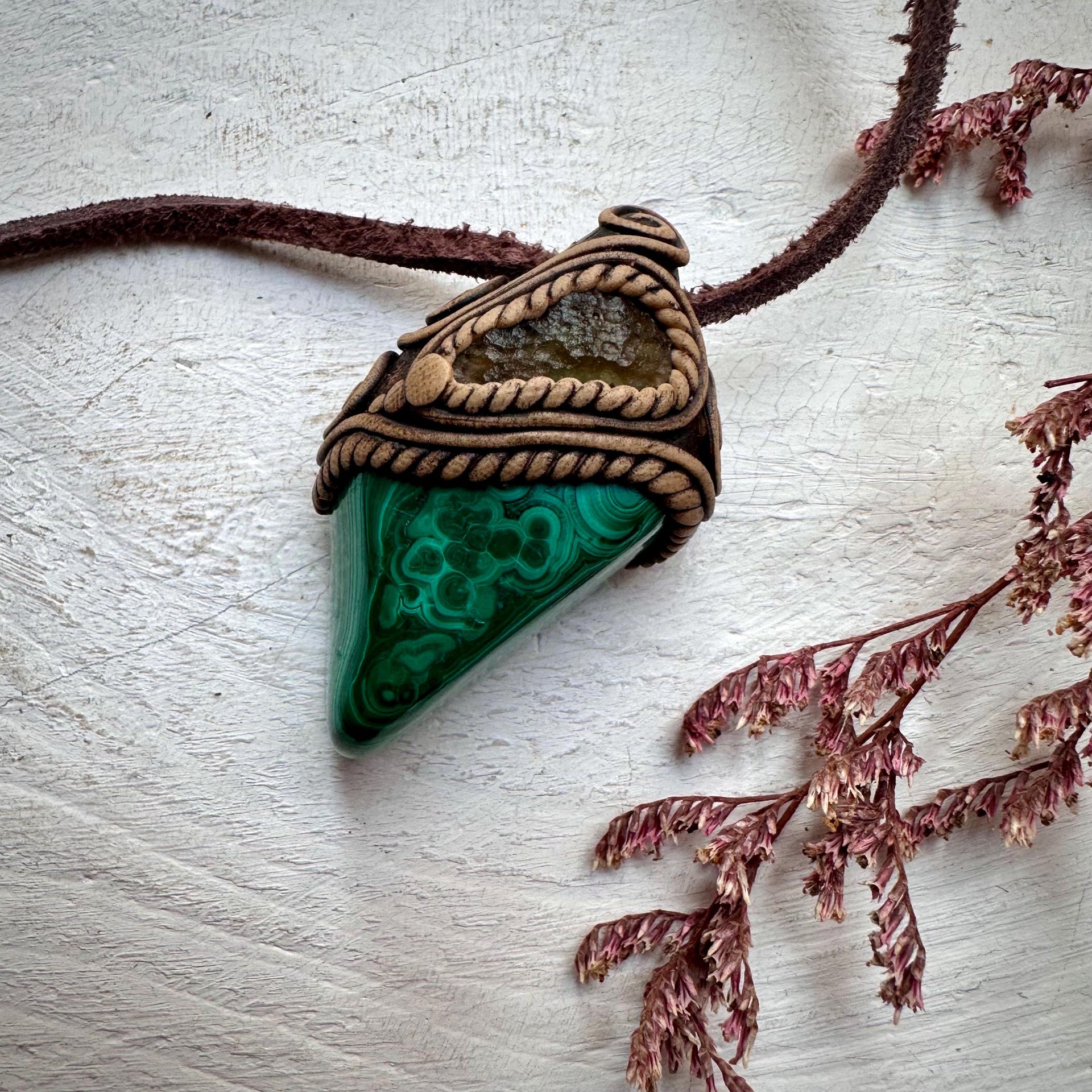 Malachite and Moldavite Pendant Necklace - FairyGardenGlow