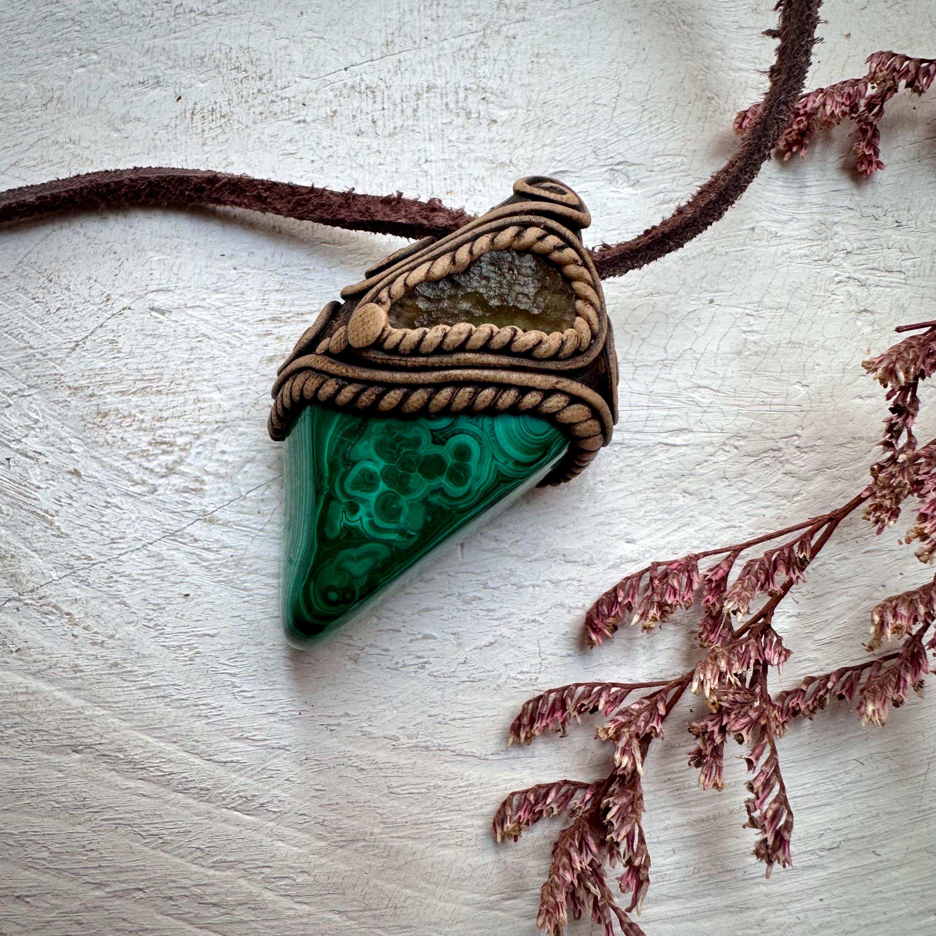 Malachite and Moldavite Pendant Necklace - FairyGardenGlow