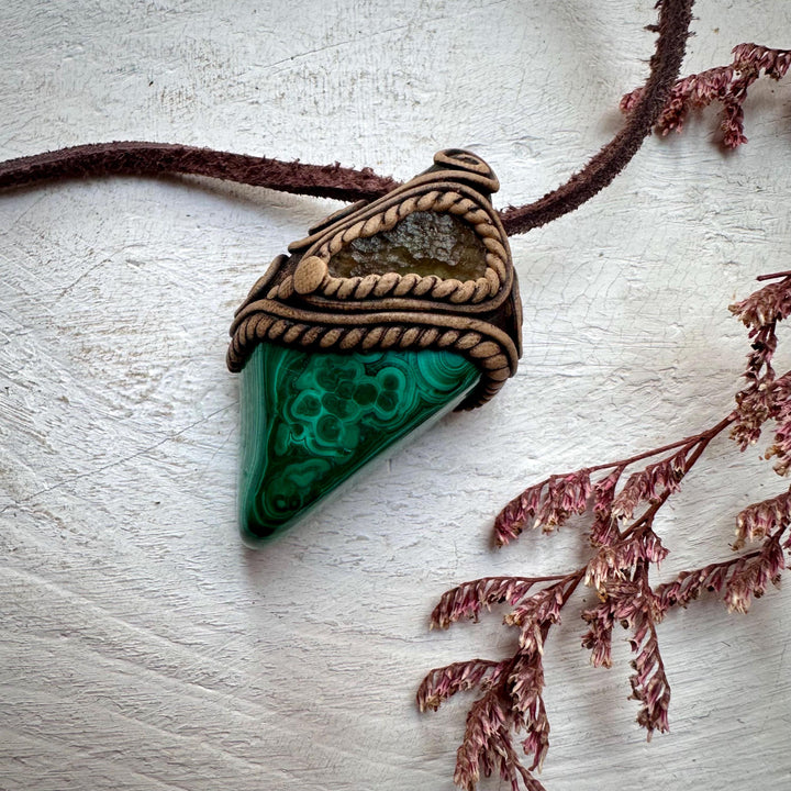 Malachite and Moldavite Pendant Necklace - FairyGardenGlow