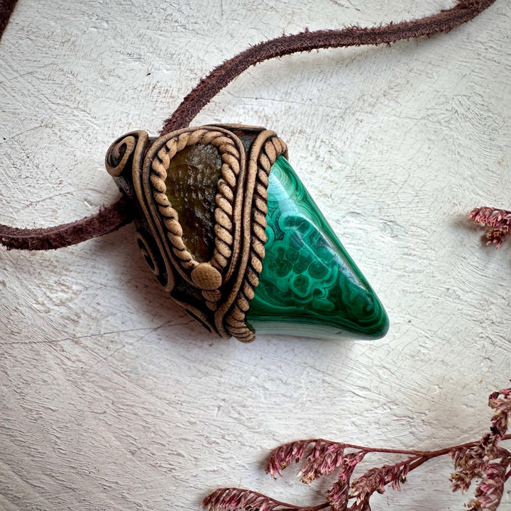 Malachite and Moldavite Pendant Necklace - FairyGardenGlow