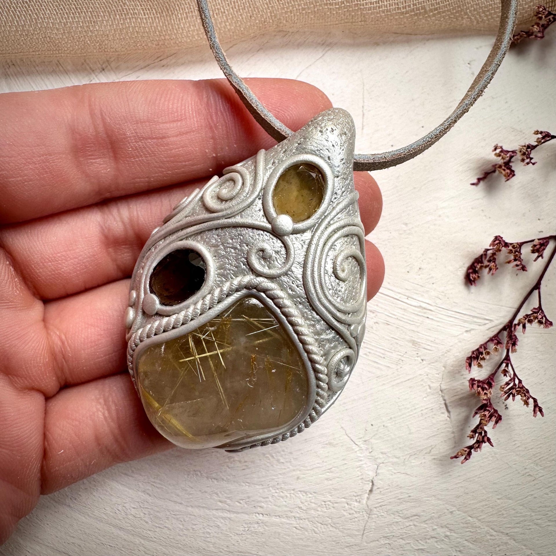 Rutilated Quartz Smoky Quartz and Citrine Necklace - FairyGardenGlow