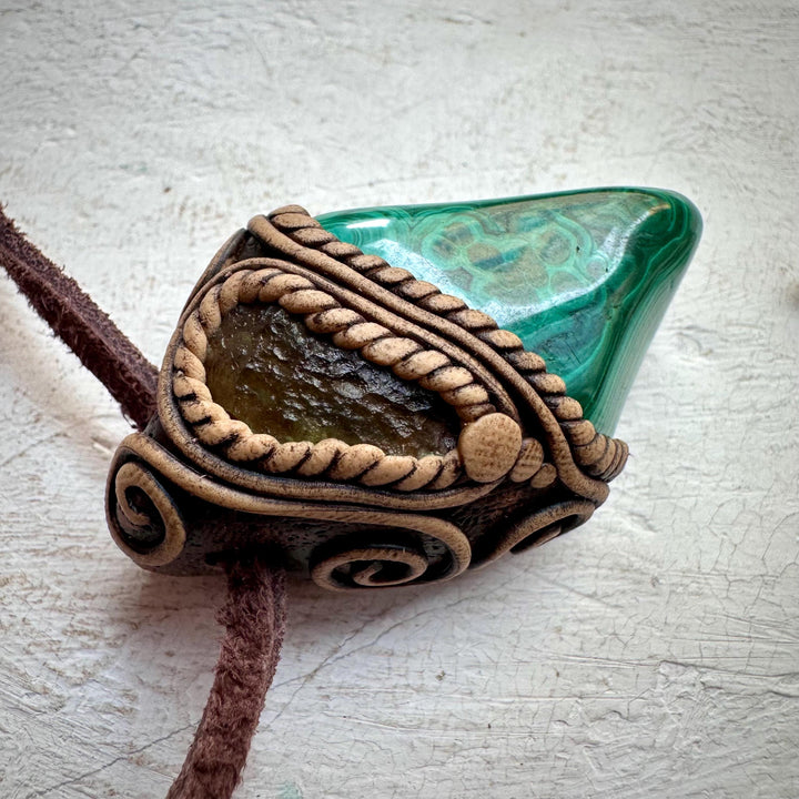 Malachite and Moldavite Pendant Necklace - FairyGardenGlow