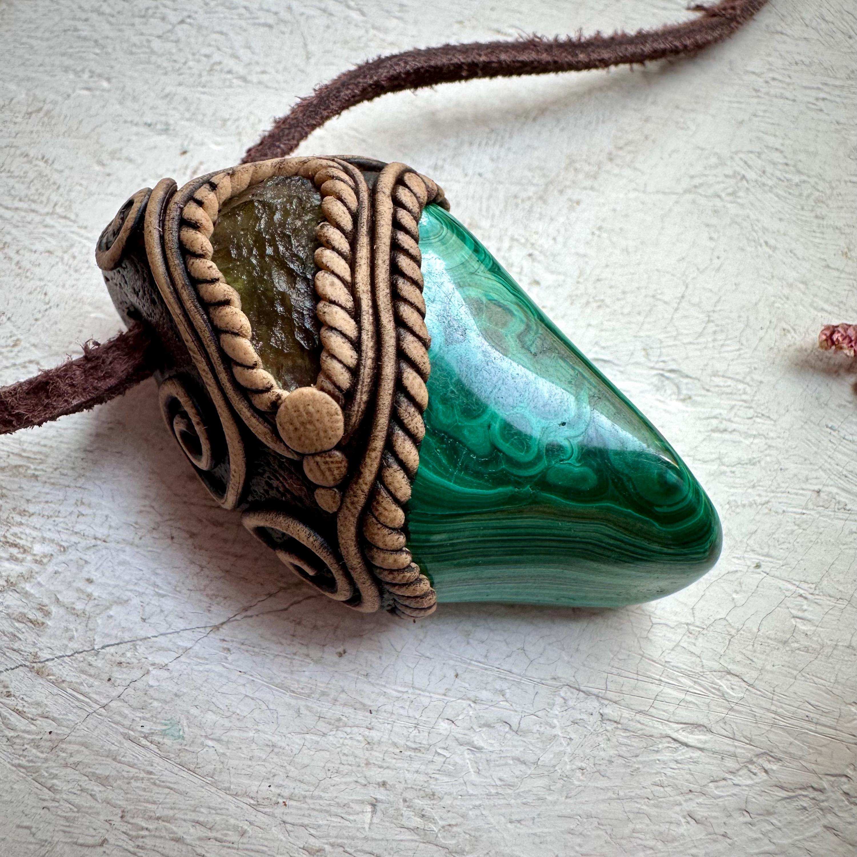 Malachite and Moldavite Pendant Necklace - FairyGardenGlow