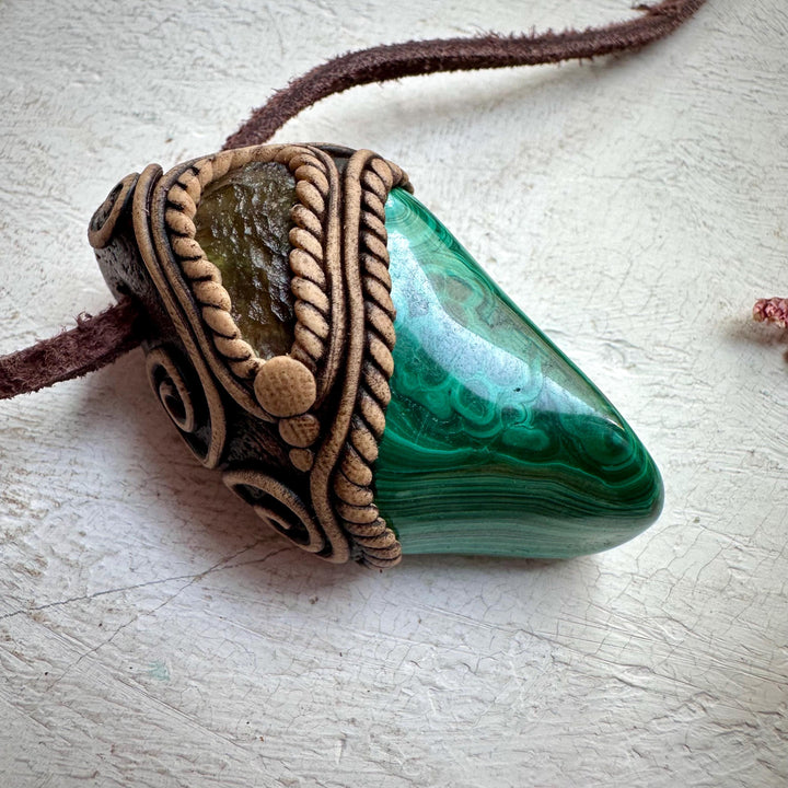 Malachite and Moldavite Pendant Necklace - FairyGardenGlow