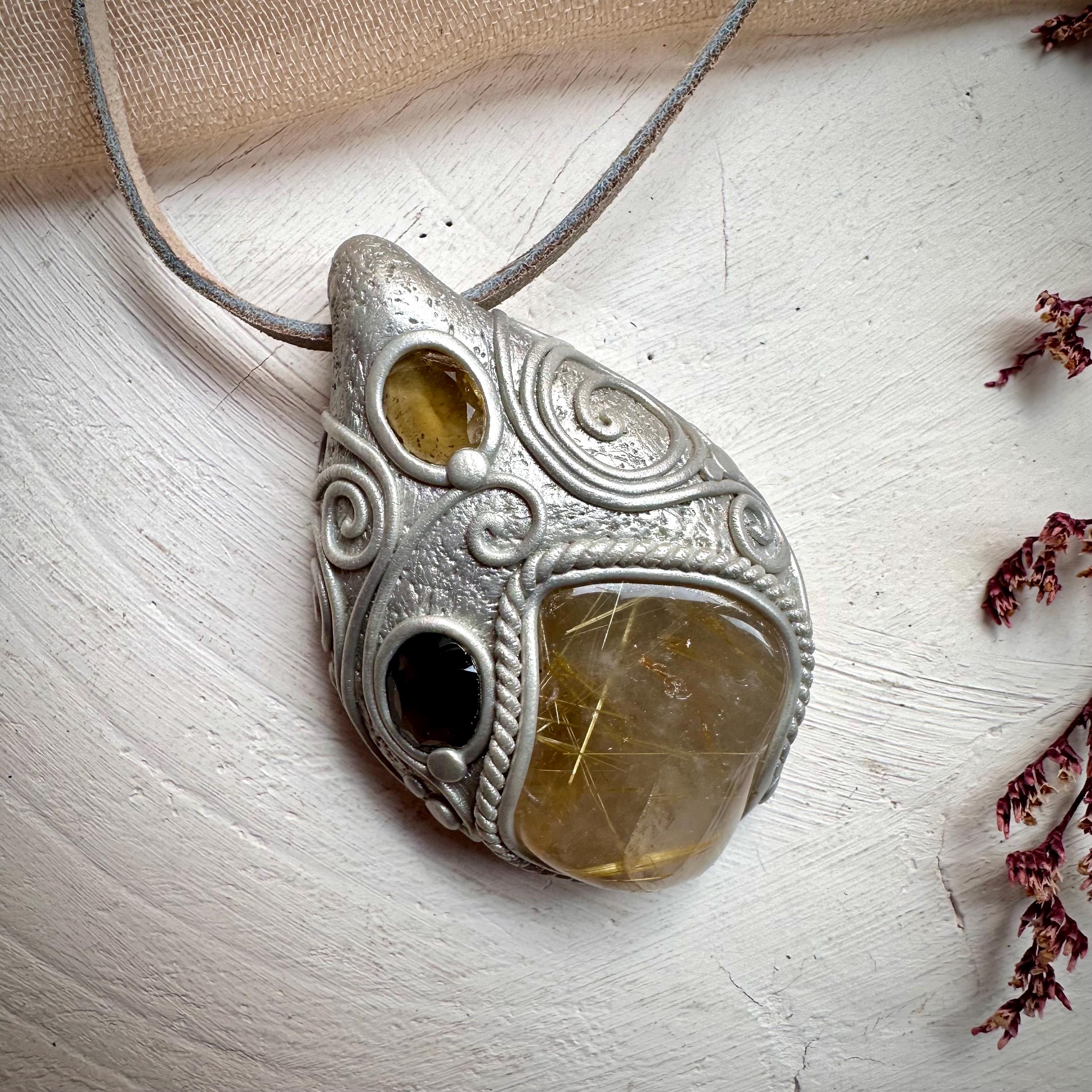Rutilated Quartz Smoky Quartz and Citrine Necklace - FairyGardenGlow