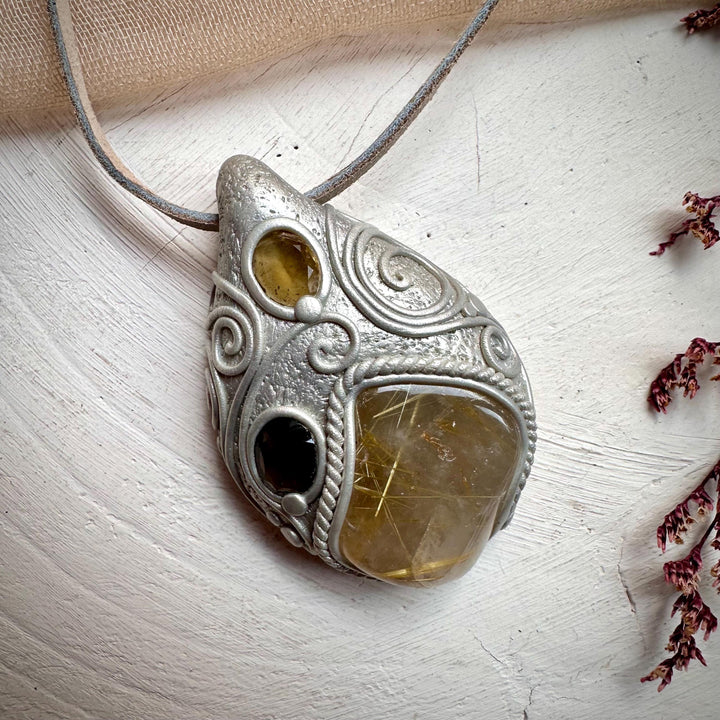 Rutilated Quartz Smoky Quartz and Citrine Necklace - FairyGardenGlow