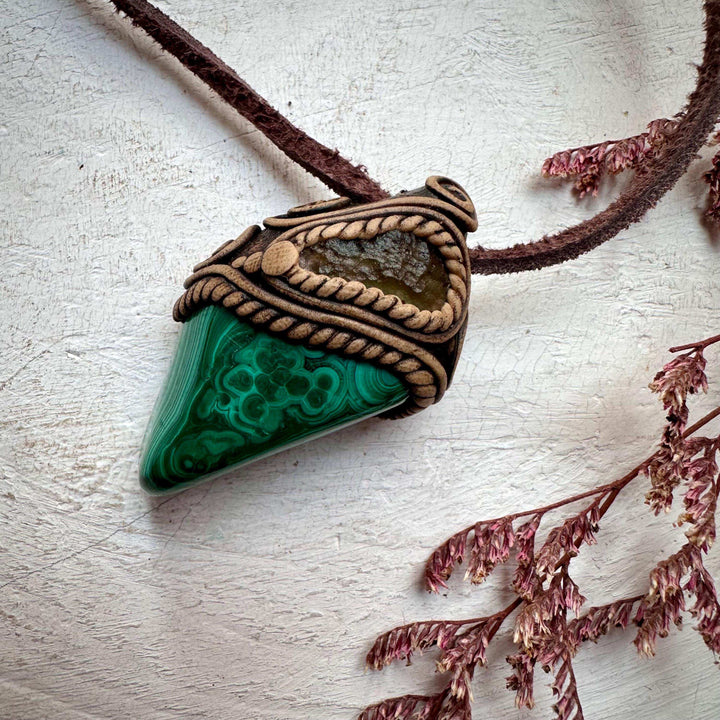Malachite and Moldavite Pendant Necklace - FairyGardenGlow