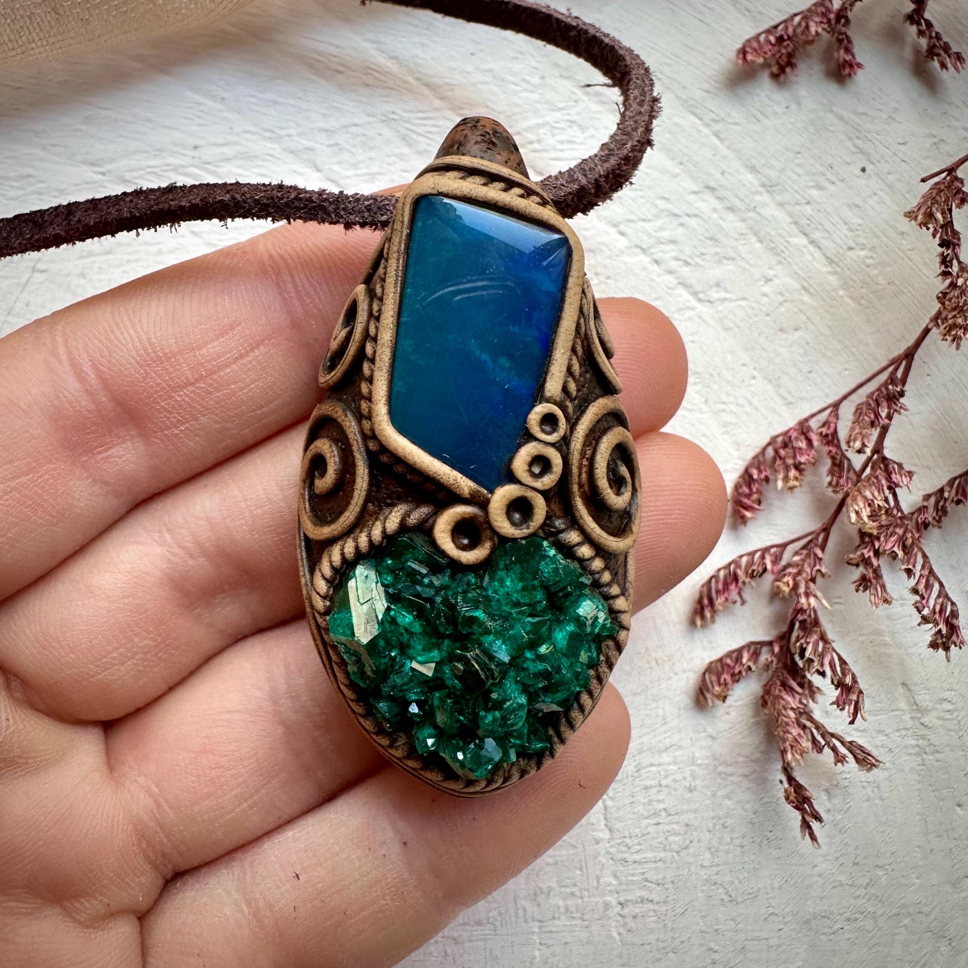 Dioptase and Australian Black Opal Doublet Necklace - FairyGardenGlow