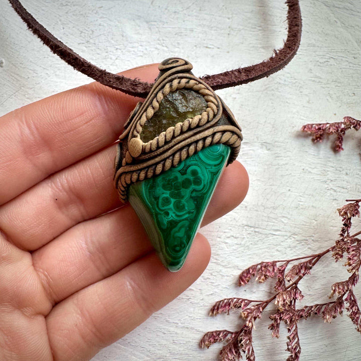 Malachite and Moldavite Pendant Necklace - FairyGardenGlow