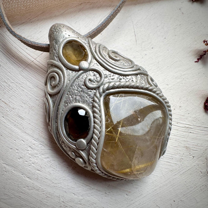 Rutilated Quartz Smoky Quartz and Citrine Necklace - FairyGardenGlow