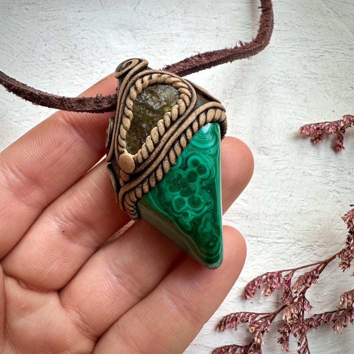 Malachite and Moldavite Pendant Necklace - FairyGardenGlow