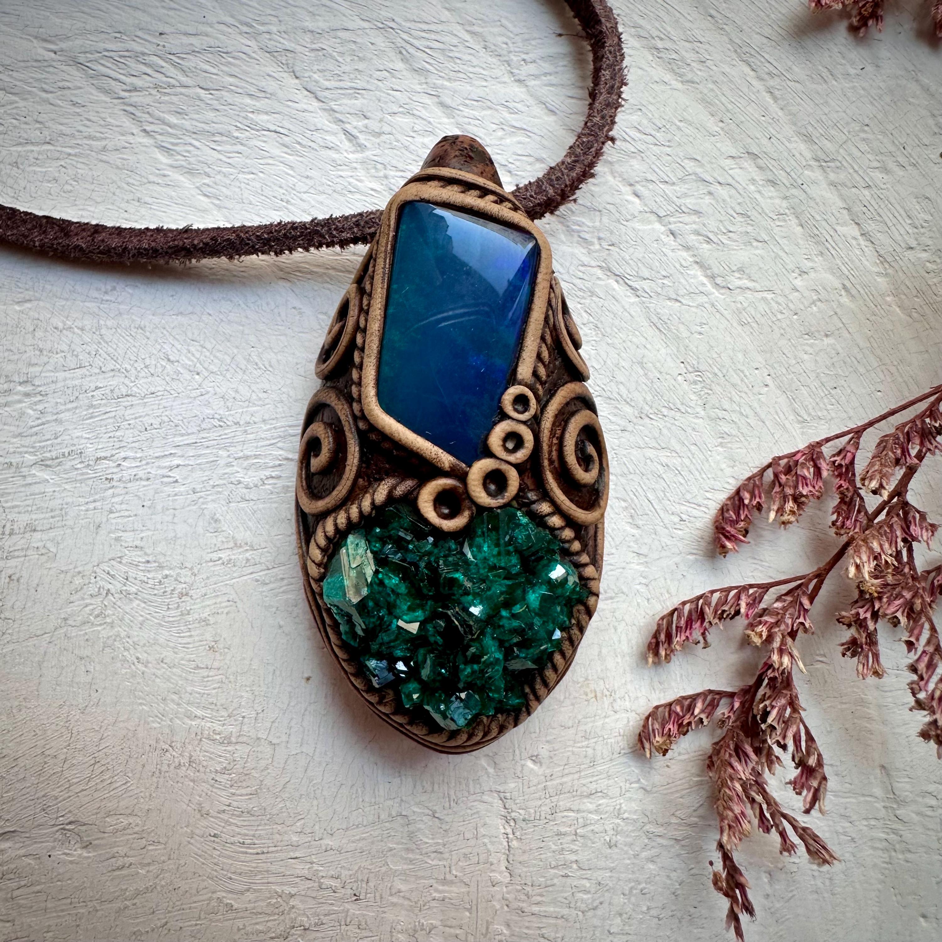 Dioptase and Australian Black Opal Doublet Necklace - FairyGardenGlow
