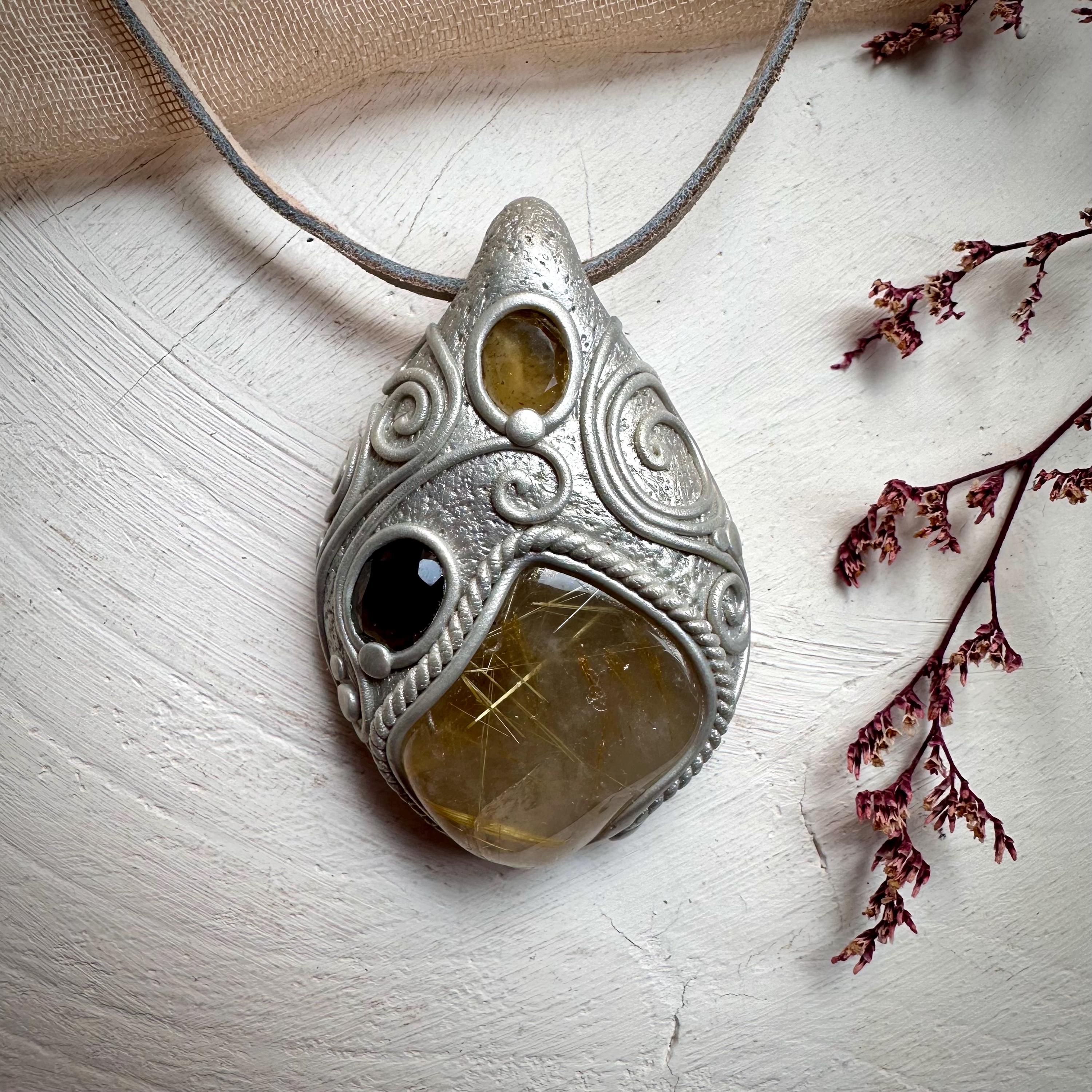 Rutilated Quartz Smoky Quartz and Citrine Necklace - FairyGardenGlow