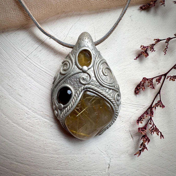 Rutilated Quartz Smoky Quartz and Citrine Necklace - FairyGardenGlow