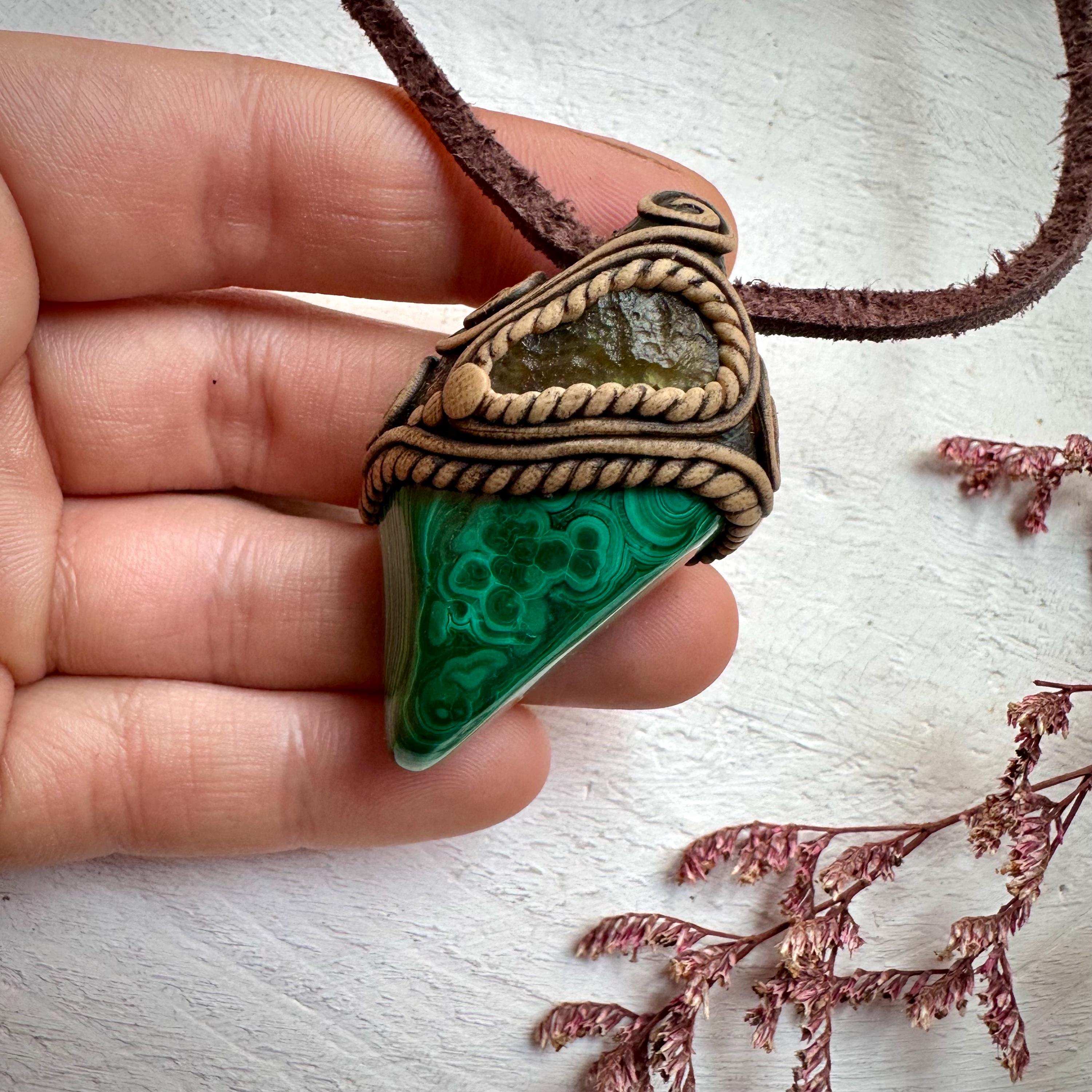 Malachite and Moldavite Pendant Necklace - FairyGardenGlow